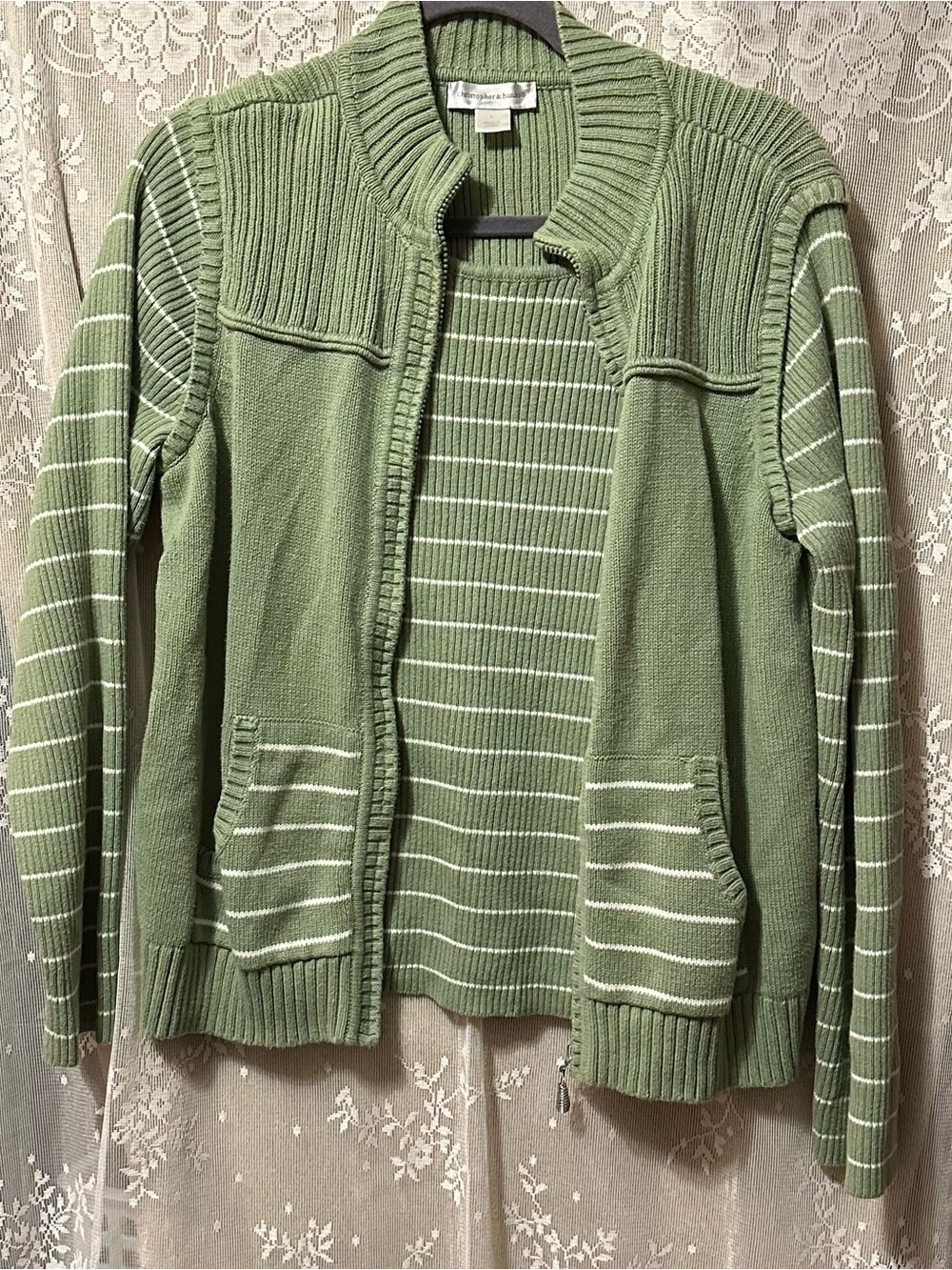 Christopher & Banks Olive Green Striped Zip Cardigan